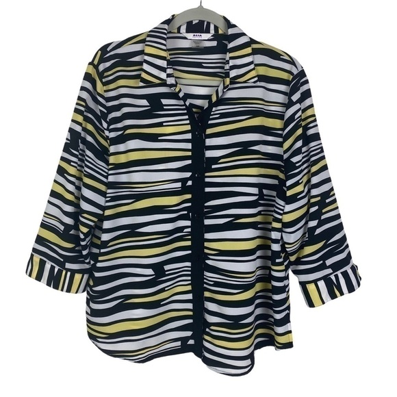 Alia Petite Striped Button Down Blouse Women's 16P Yellow Black 3/4 Sleeve - Picture 7 of 9